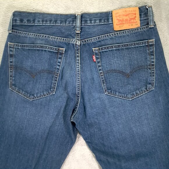 Levis 527 Jeans Mens 35x32, Tag 36x34 Boot Cut Whiskers Blue Denim Western - Picture 5 of 14